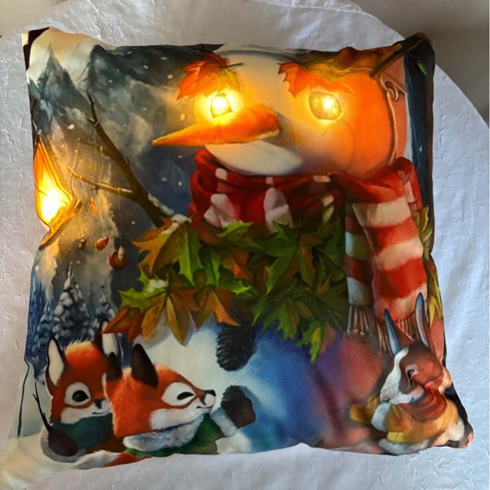 Festive LED Snowman and Foxes Pillow